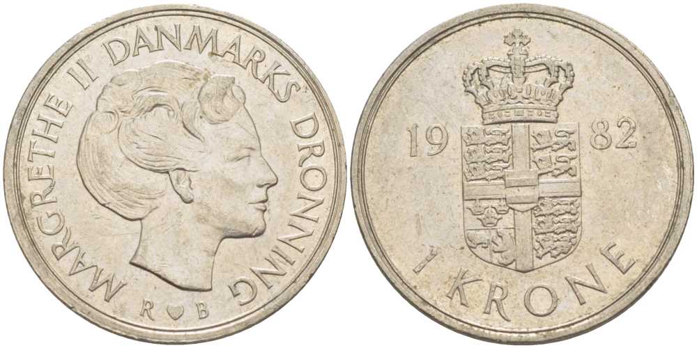 Дания 1 крона 1982 B; B, Маргрете II (1972-) KM 862.2 медно-никель 4388-1117