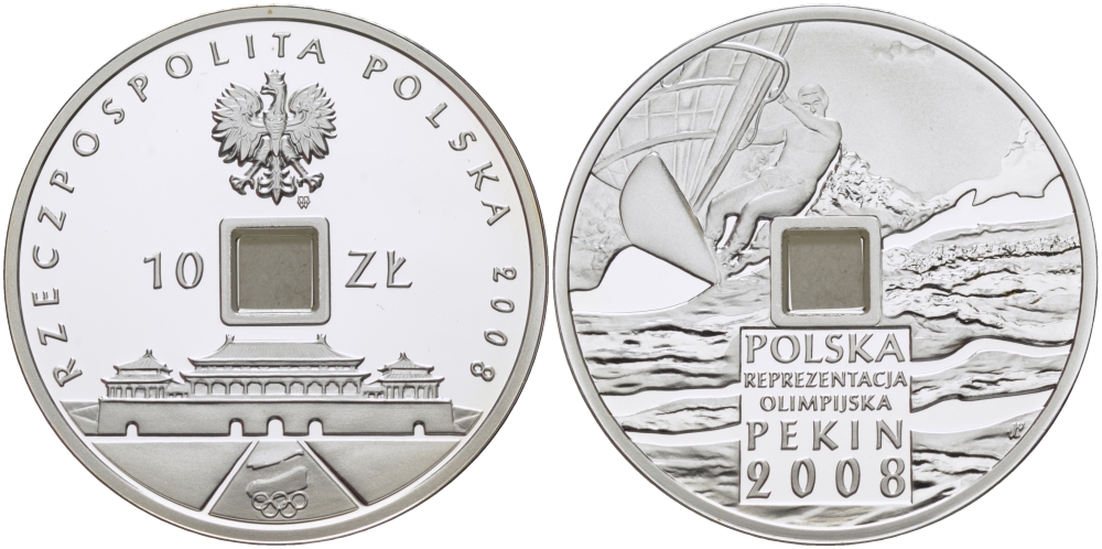 Польша 10 злотых 2008 XXIX Летние Олимпийские игры 2008 года в Пекине, виндсерфинг, стилизованная под старинный кэш KM 646 серебро PROOF 06-256-45