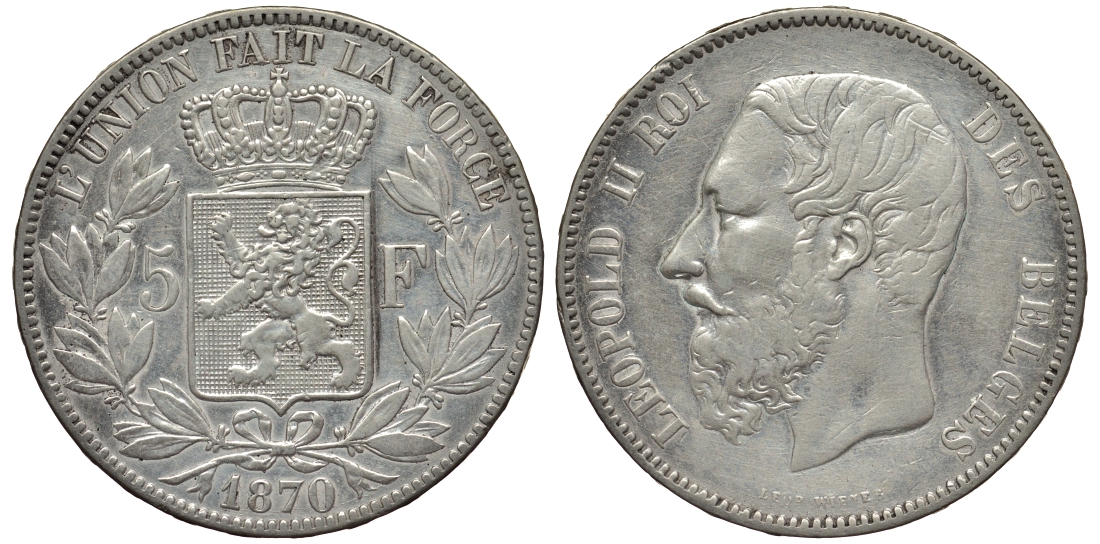 Бельгия 5 франков 1870 Леопольд II (1865-1909) KM 24 серебро 443-842