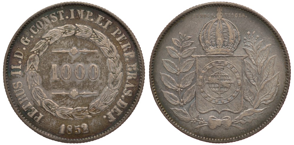 Бразилия 1000 рейс 1852 Педро II (1831-1889), красивая золотистая патина KM 459 серебро    633-1221