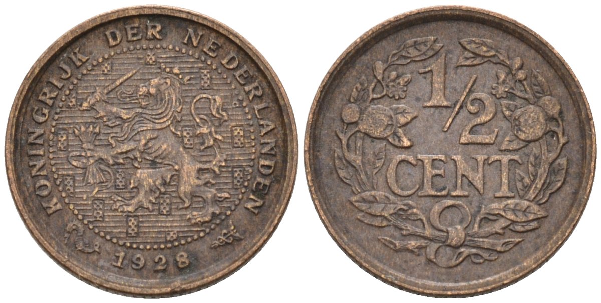 Нидерланды 1/2 цента 1928 Вильгельмина (1890-1948) KM 138 бронза 4576-445