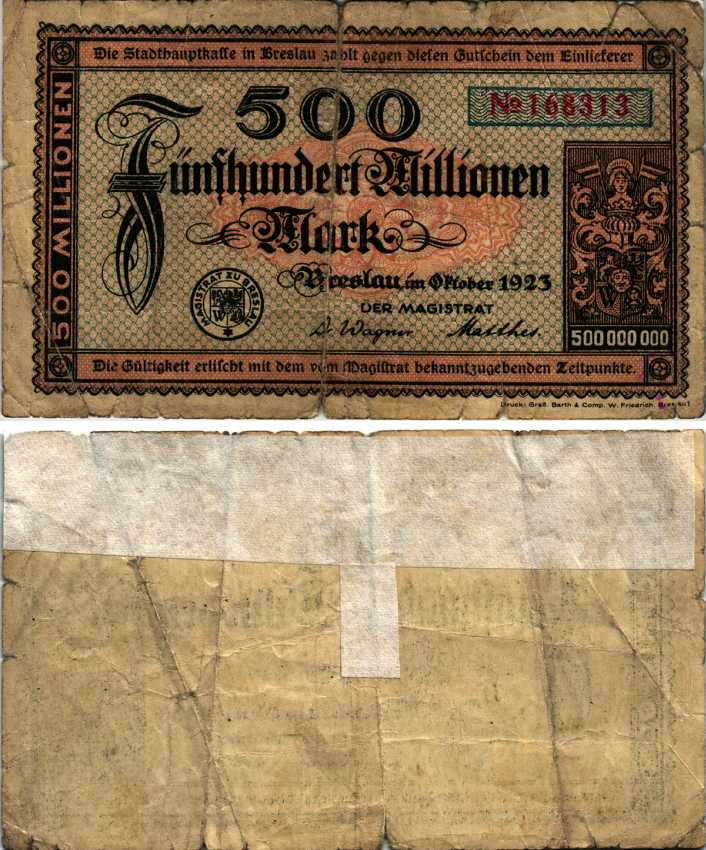 ГЕРМАНИЯ 500000000 МАРОК 1923 БРЕСЛАУ, НОТГЕЛЬД бумага 444-146-1