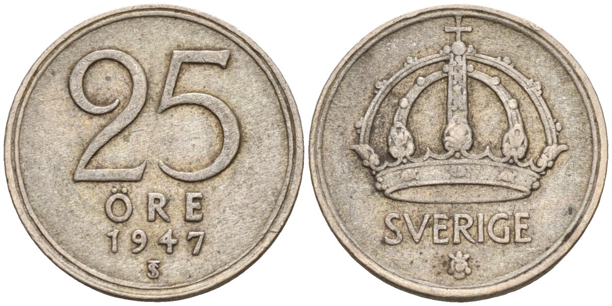 Швеция 25 эре 1947 TS, Густав V (1907-1950) KM 816 серебро 4147-969