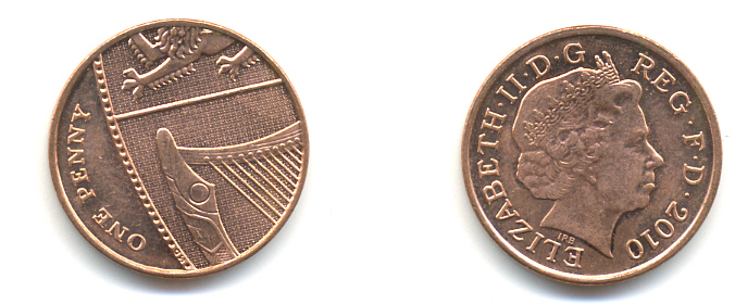 Великобритания 1 пенни 2010 Елизавета II (1952-2022) KM 1107, Spink B6 сталь плакированная медью 177-1215