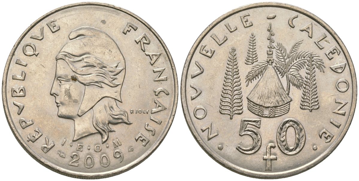 Французская Новая Каледония 50 франков 2009 хижина среди сосен и пальм, (IEOM) KM 13a, Schoen 15a, Lec 128i медно-никель 115-744