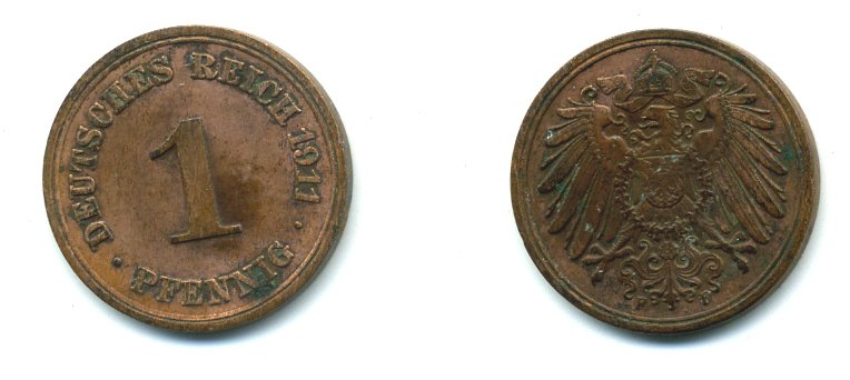 ГЕРМАНИЯ 1 ПФЕННИГ 1911 F KM 10, J. 10 медь 54-169