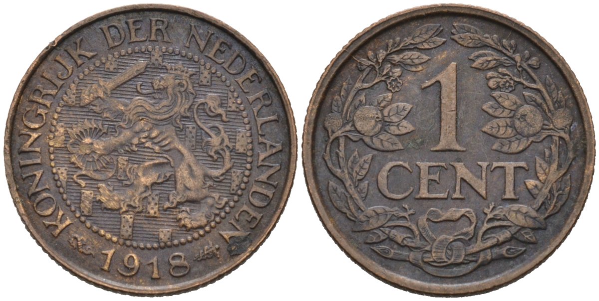 Нидерланды 1 цент 1918 Вильгельмина (1890-1948) KM 152 бронза 4576-724