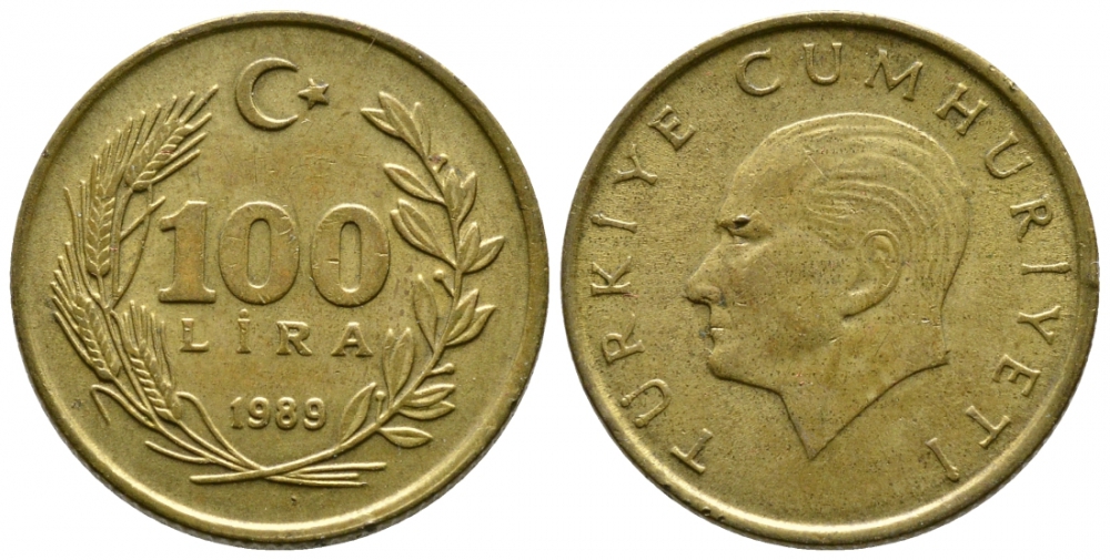 Турция 100 лир 1989 Кемаль Ататюрк KM 988 алюминиевая бронза 4539-1125