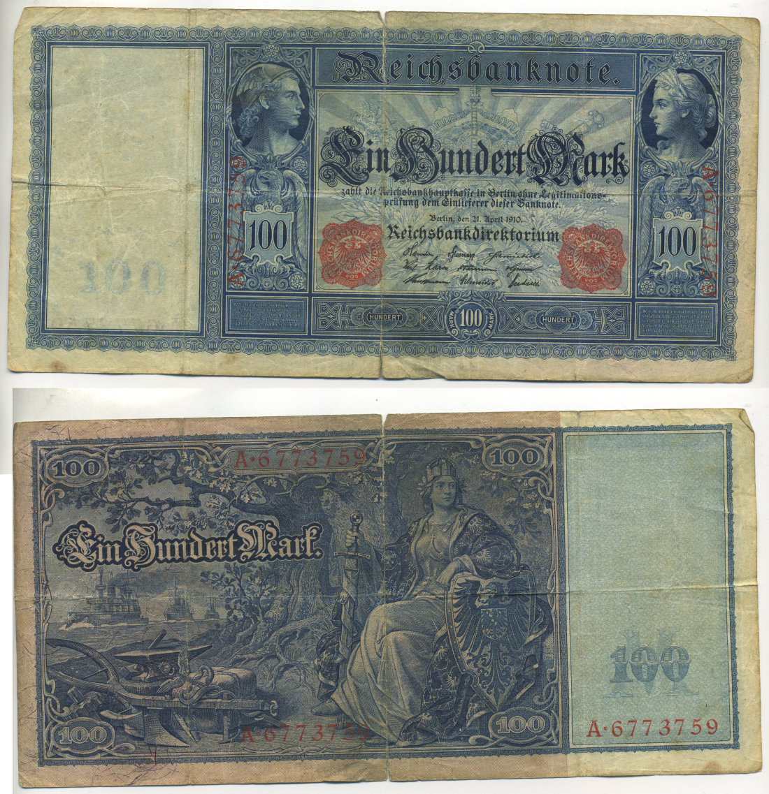 ГЕРМАНИЯ 100 МАРОК 1910 21 АПРЕЛЯ 1910, КРАСНАЯ СЕРИЯ Pick 42 бумага 6301-36-2