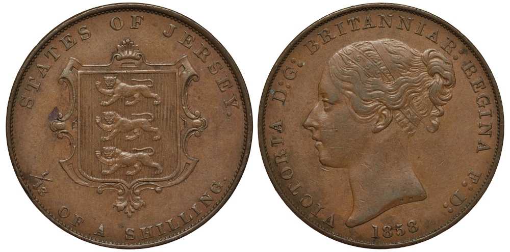 Джерси 1/13 шиллинга 1858 Виктория (1837-1901), большой формат KM 3 медь 650-715
