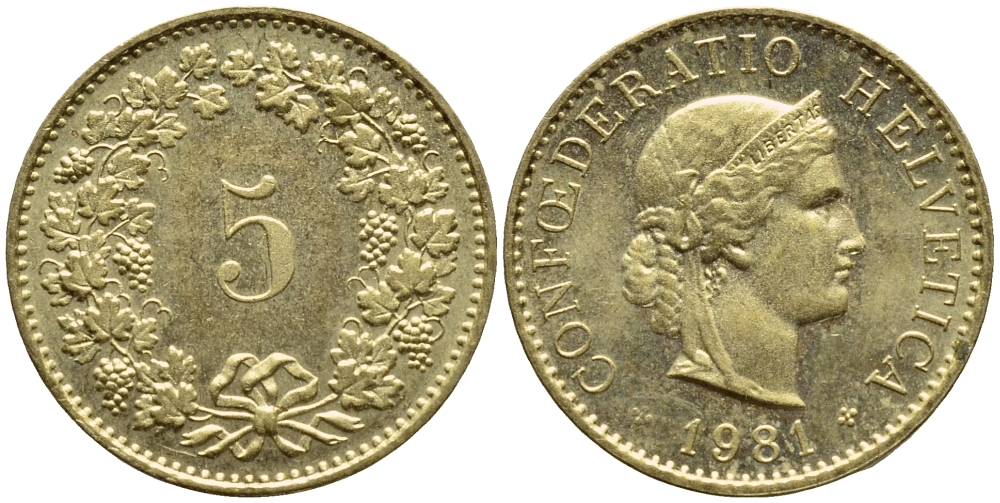 Швейцария 5 раппенов 1981 KM 26с алюминий латунь 4396-1127