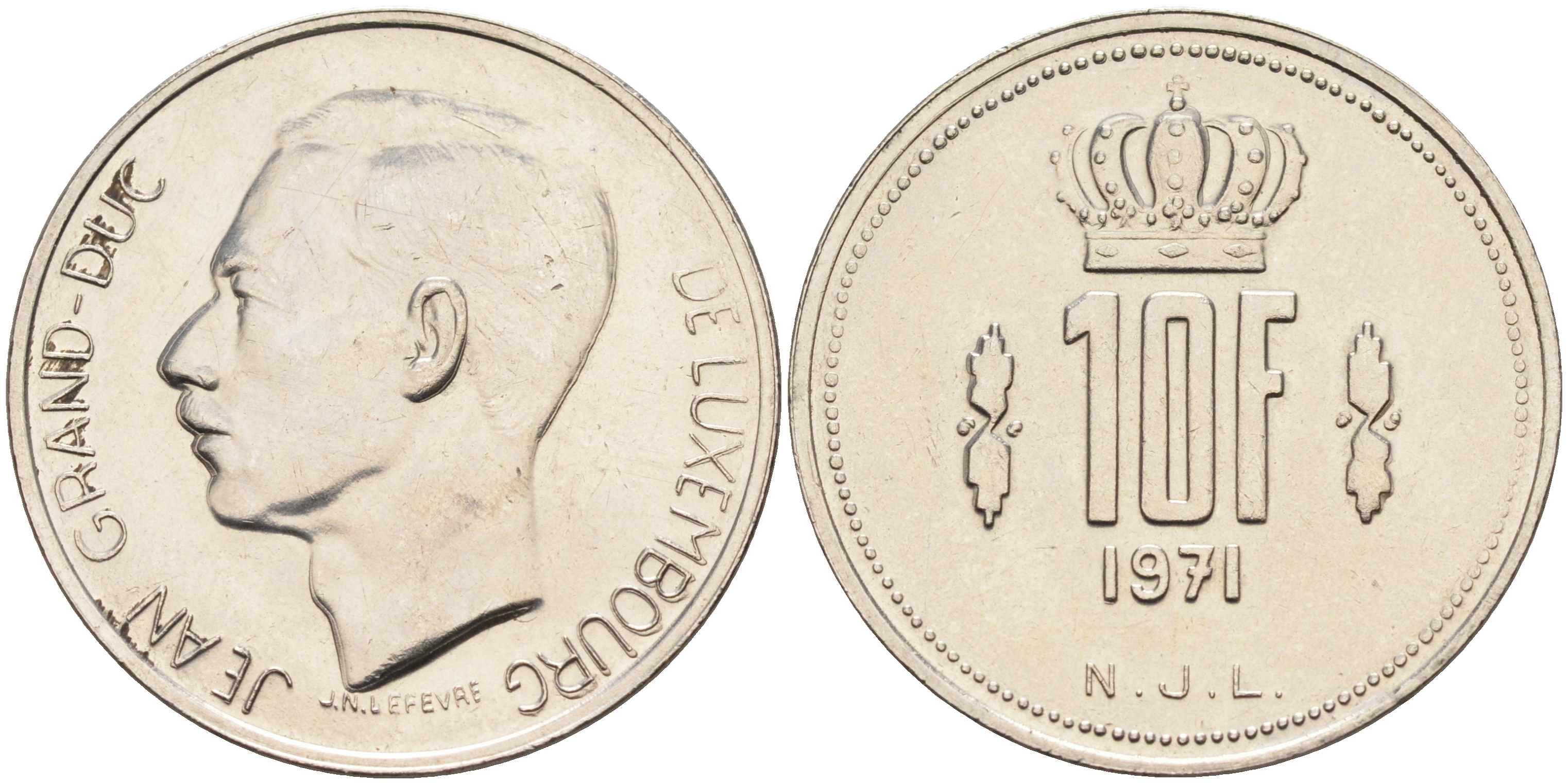 Люксембург 10 франков 1971 Великий герцог Жан (1964-2000) KM 57 никель    4140-1146