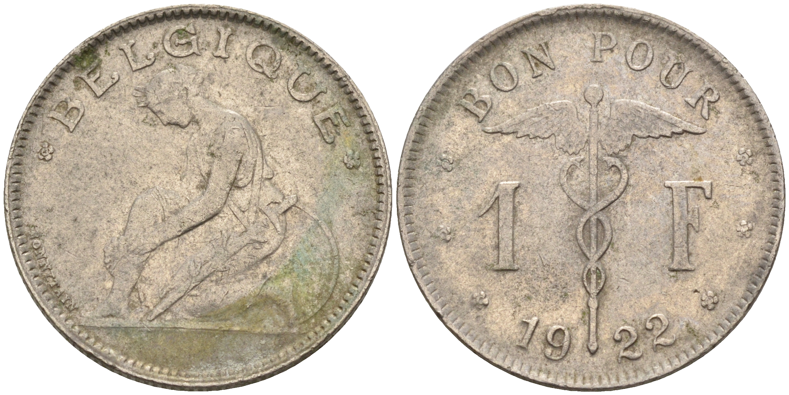 Бельгия 1 франк 1922 Belgique, Альберт I (1910-1934) KM 89 никель 4592-513