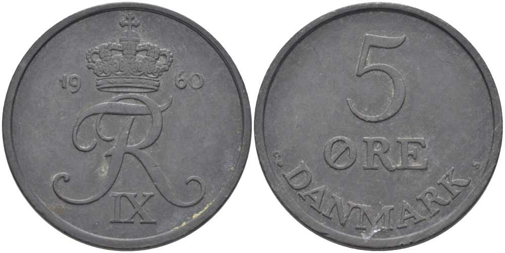 Дания 5 эре 1960 C; S, Фредерик IX (1947-1972) KM 843.2 цинк 38-416