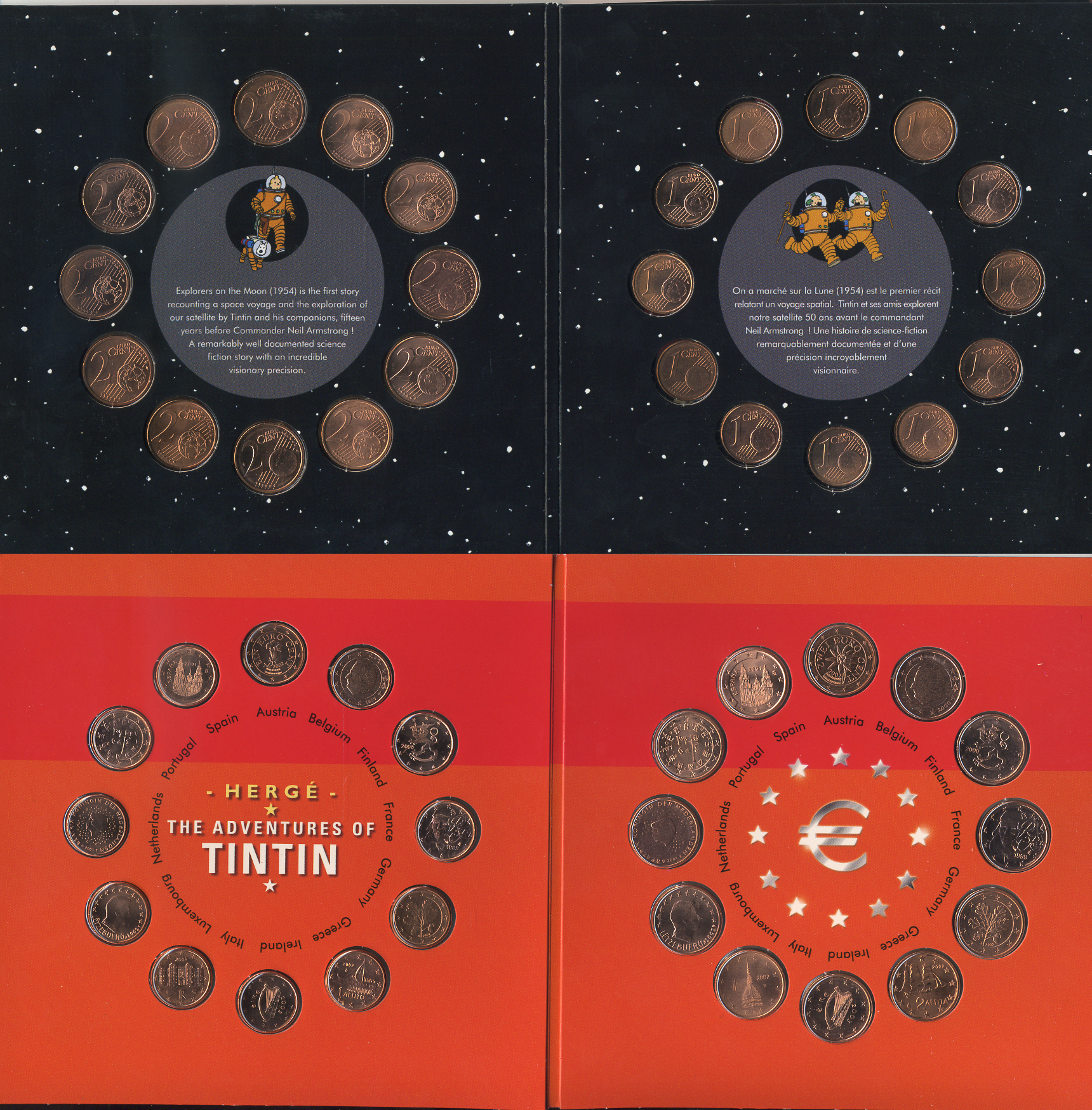Бельгия набор из 24 монет + жетон 2004 50 лет первой ракете на Луне, TINTIN, 12 монет по 1 евроценту и 12 монет по 2 евроцента, тираж 10000 экз., жетон серебро, в оригинальном буклете, с сертификатом    UNC  1-5-3-21