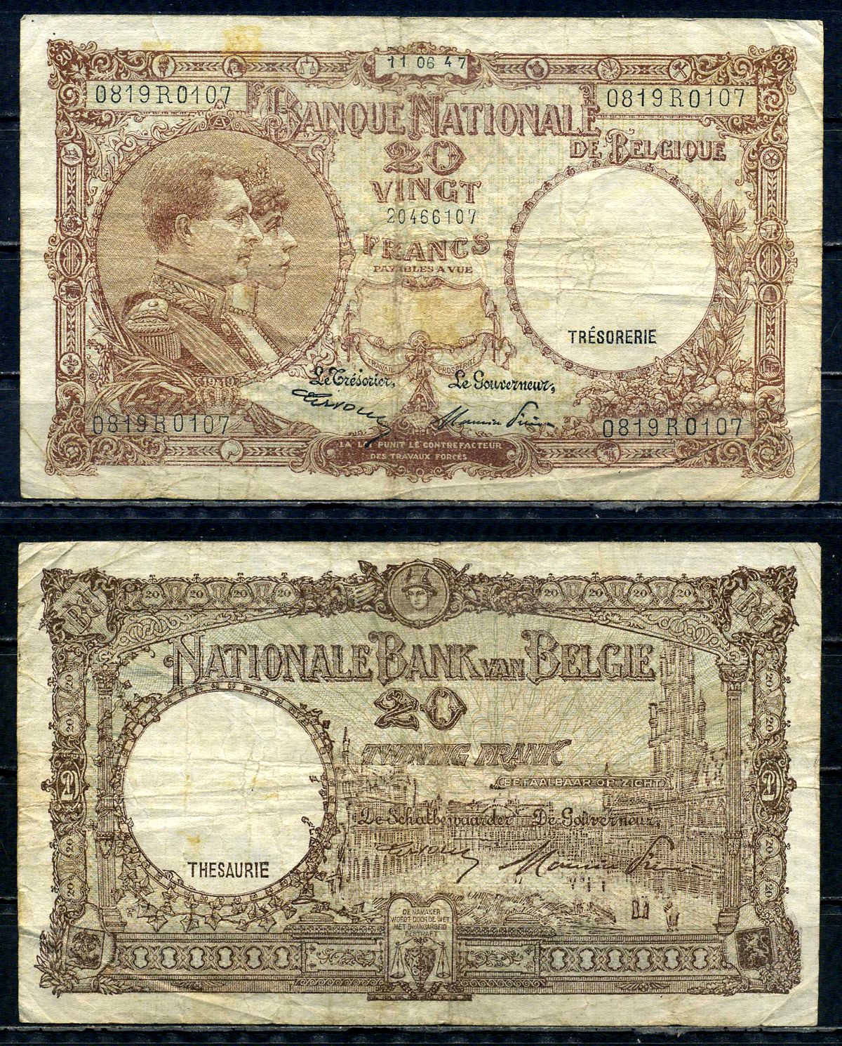 Бельгия 20 франков 1947 11.06.1947, Король Альберт I и его жена Королева Елизавета, Гран-Плас / Гроте Маркт, Брюссель Pick 111 (3) бумага 6301-35-2-2