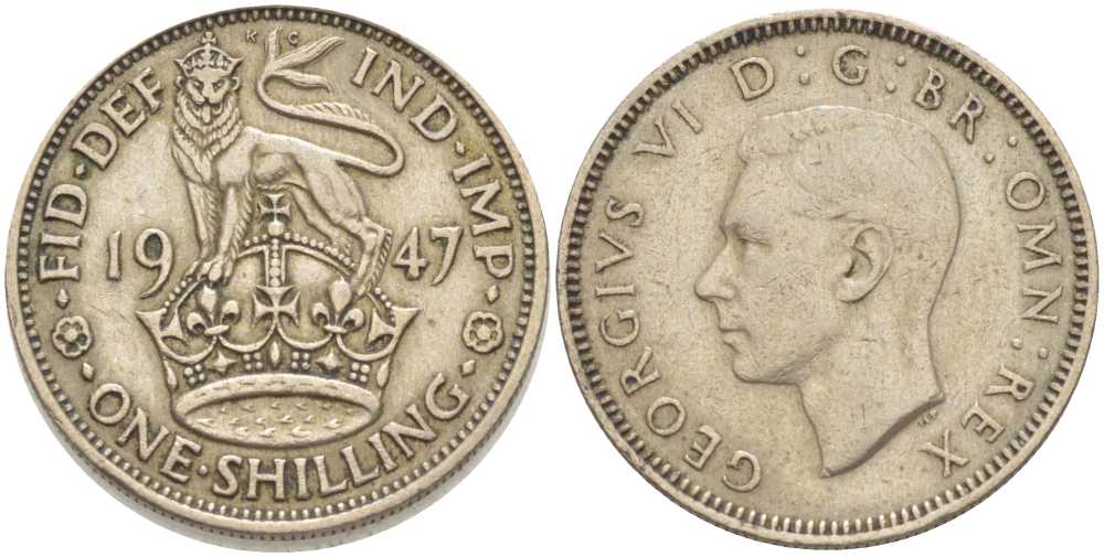 Великобритания 1 шиллинг 1947 Георг VI (1936-1952), Английский герб KM 863, Spink 4103 медно-никель 212-854