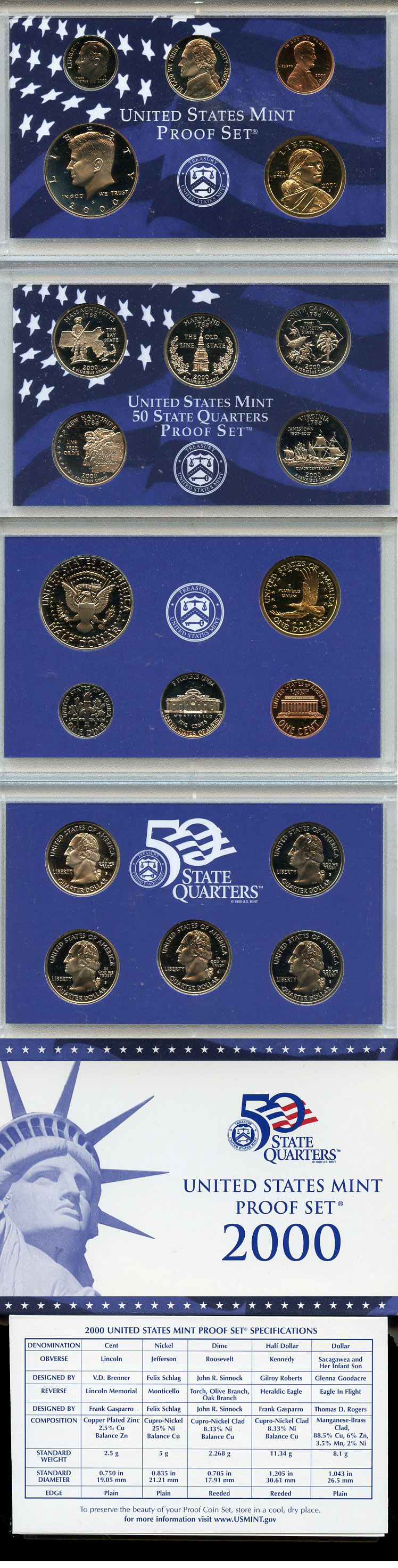 США официальный набор из 10 монет, в 2 пластиковых сетах 2000 годовой набор и юбилейные монет 25 центов, в оригинальной коробке, сертификат KM PS 199   PROOF  8-2-03-12