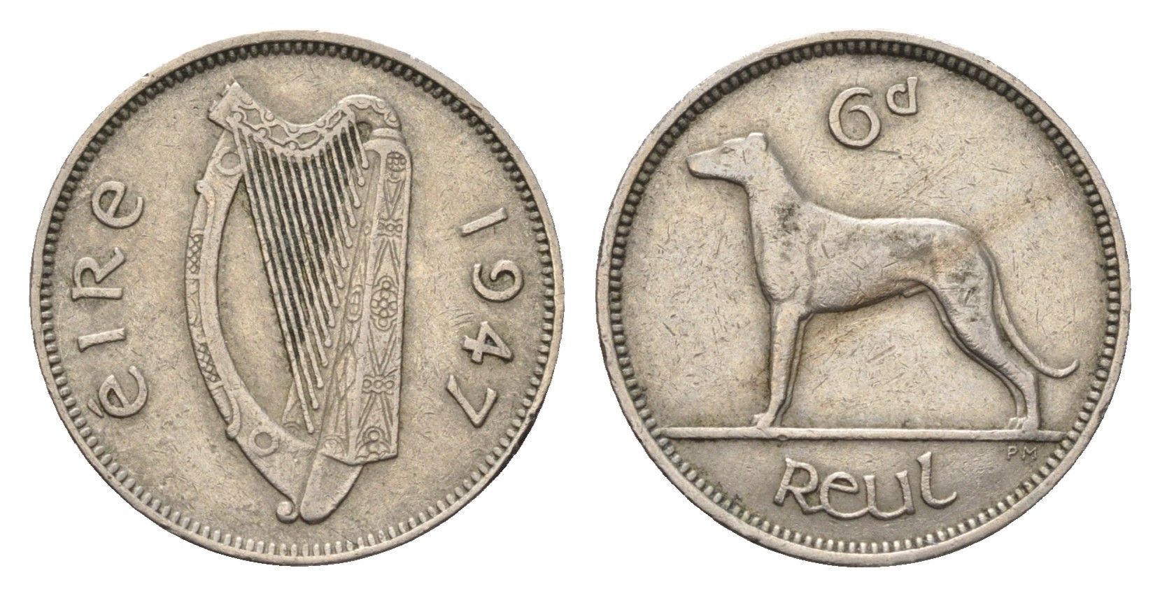 Ирландия 6 пенсов 1947 собака, ирландский волкодав KM 13a медно-никель 3851-1253