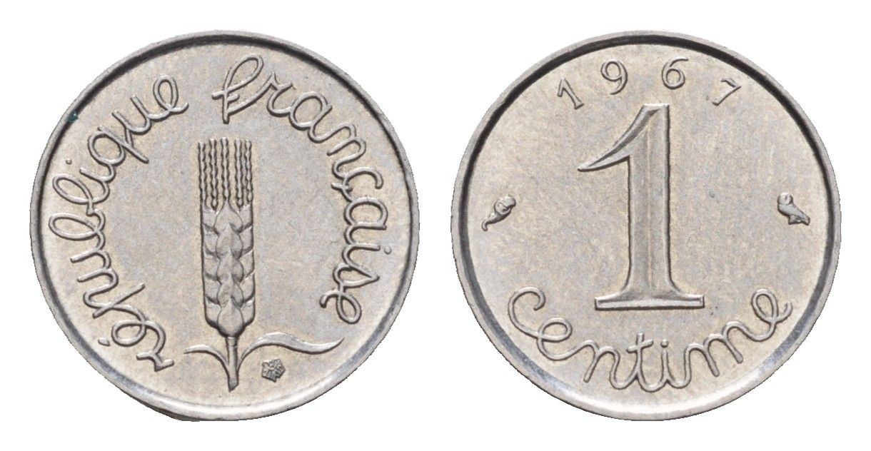 Франция 1 сантим 1967 KM 928, Le Franc 106.13 нержавеющая сталь 4685-1037