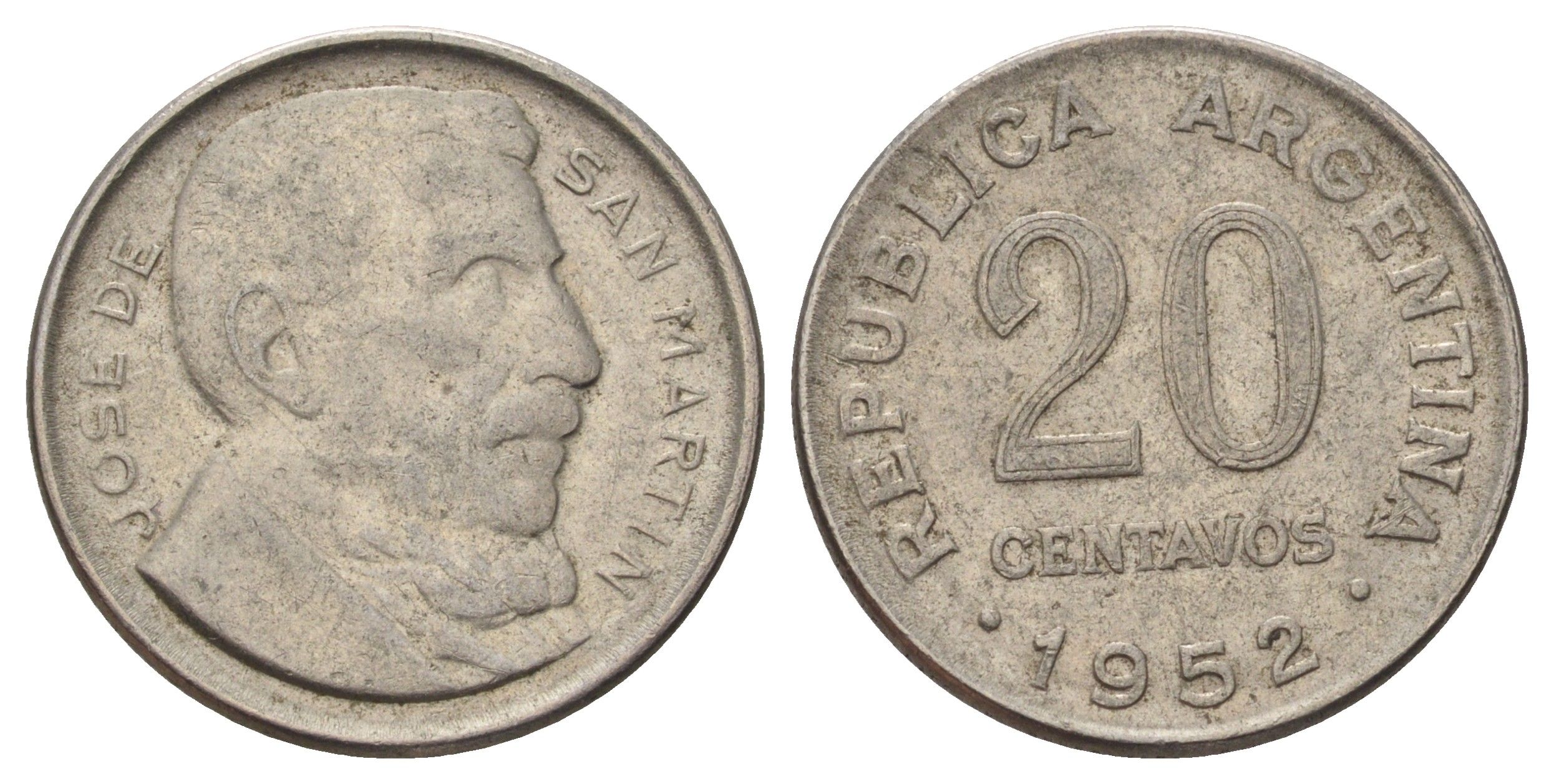 Аргентина 20 сентаво 1952 генерал Хосе де Сан Мартин KM 48 медно-никель 4603-746