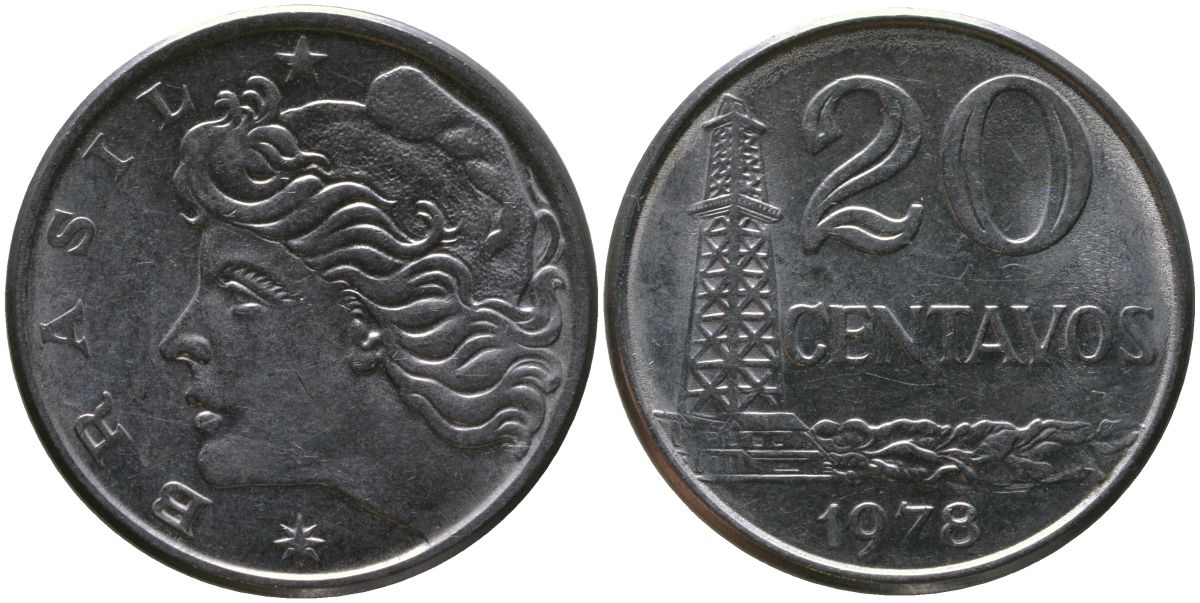 Бразилия 20 сентаво 1978 голова Свободы влево KM 579.1a, Schon 84b нержавеющая сталь aUNC 4577-1221