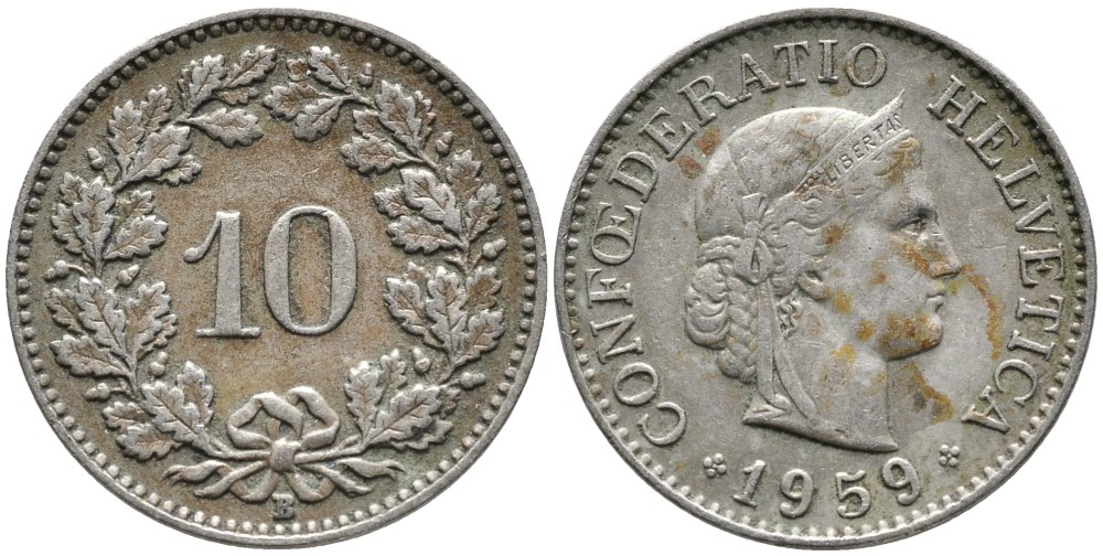 ШВЕЙЦАРИЯ 10 РАППЕНОВ 1959 В KM 27 медно-никель 4539-452