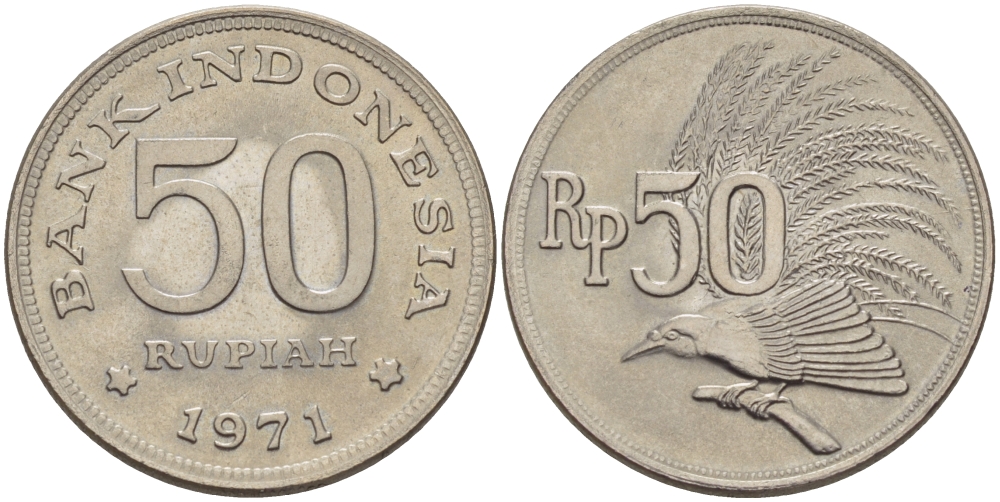Индонезия 50 рупий 1971 райская птица KM 35 медно-никель UNC 67-643