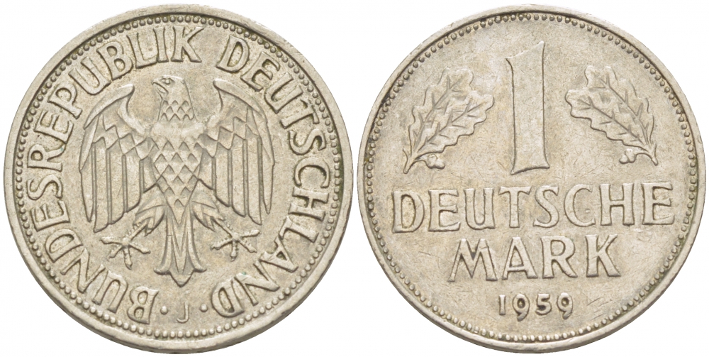 ФРГ 1 МАРКА 1959 J KM 110, J. 385 медно-никель 3718-1113