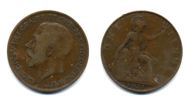 Великобритания 1 пенни 1921 Георг V (1910-1936) KM 810, Spink 4051 бронза 47-632