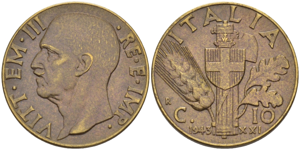 ИТАЛИЯ 10 ЧЕНТЕЗИМО 1943 ВИКТОР ИМАНУИЛ III KM 74a алюминиевая бронза 31-1213