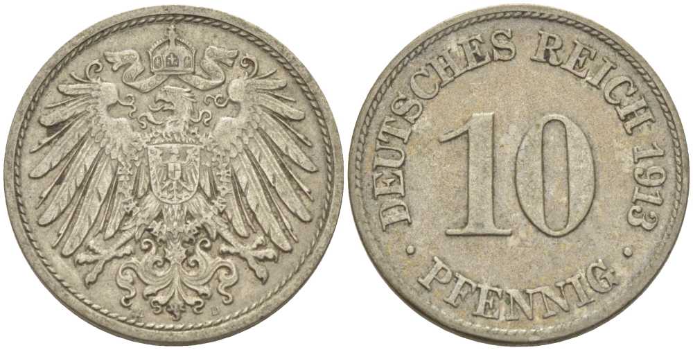 ГЕРМАНИЯ 10 ПФЕННИГОВ 1913 D KM 12, J. 13, Weege 8 медно-никель 212-233