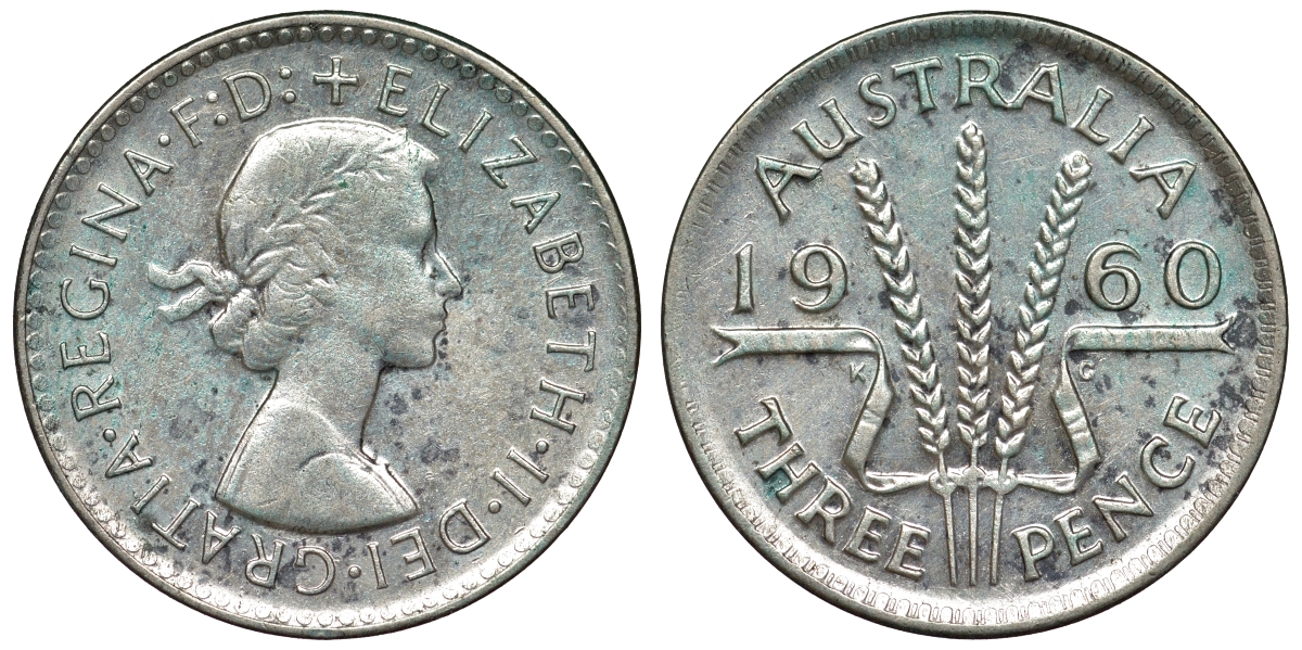 Австралия 3 пенса 1960 m, Елизавета II (1952-2022) KM 57 серебро 71-633