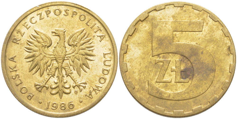 ПОЛЬША 5 ЗЛОТЫХ 1986 MW KM 81.2 латунь 4519-952