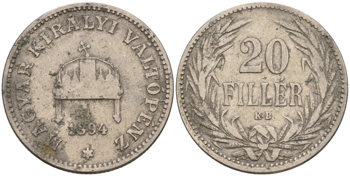 Венгрия 20 филлеров 1894 KB, Франц Иосиф I (1848-1916) KM 483 никель 4151-952