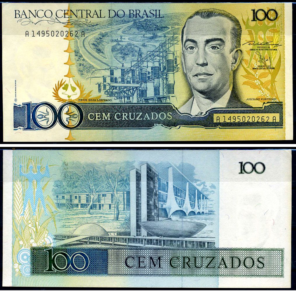 Бразилия 100 крузадо ND (1986-1988) Центральный банк Бразилии, Жуселину Кубичек ди Оливейра Pick 211 b бумага UNC (пресс) 8602-13-1-1