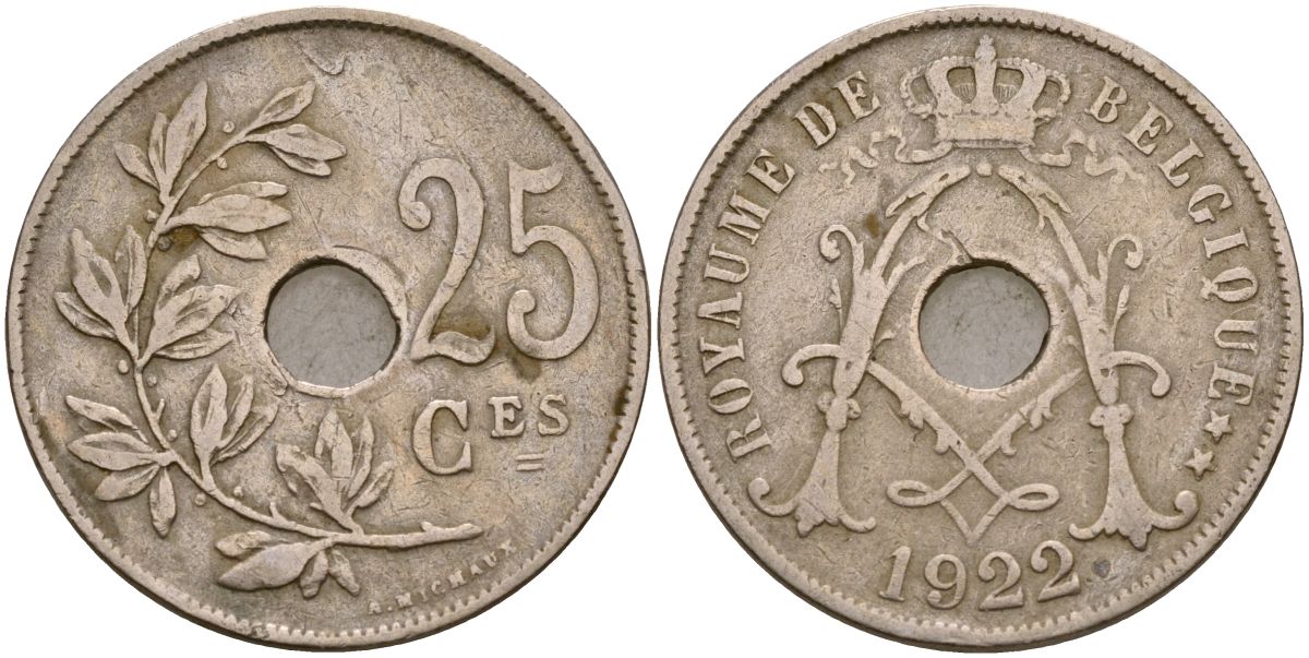 Бельгия 25 сантимов 1922 KM 68 медно-никель 4165-422