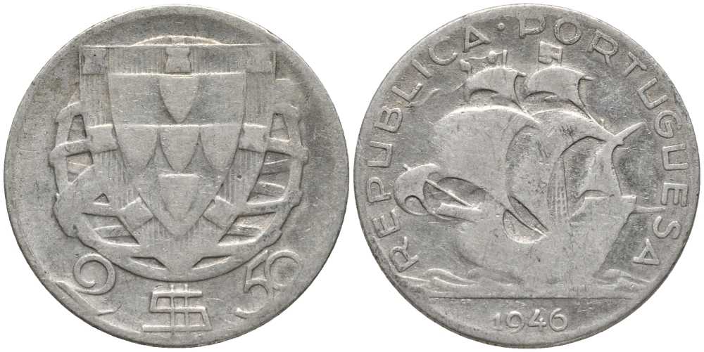 Португалия 2,50 эскудо 1946 парусник КМ 580 серебро 202-412