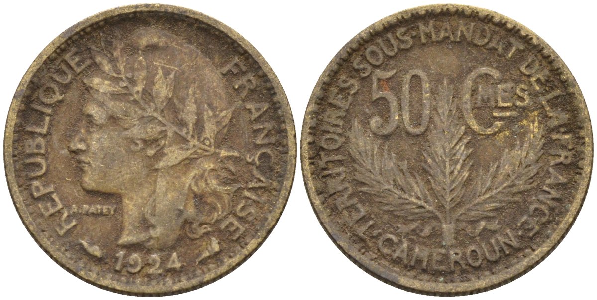Французский Камерун 50 сантимов 1924 (а), монетный двор Париж KM 1 алюминиевая бронза 4164-1163
