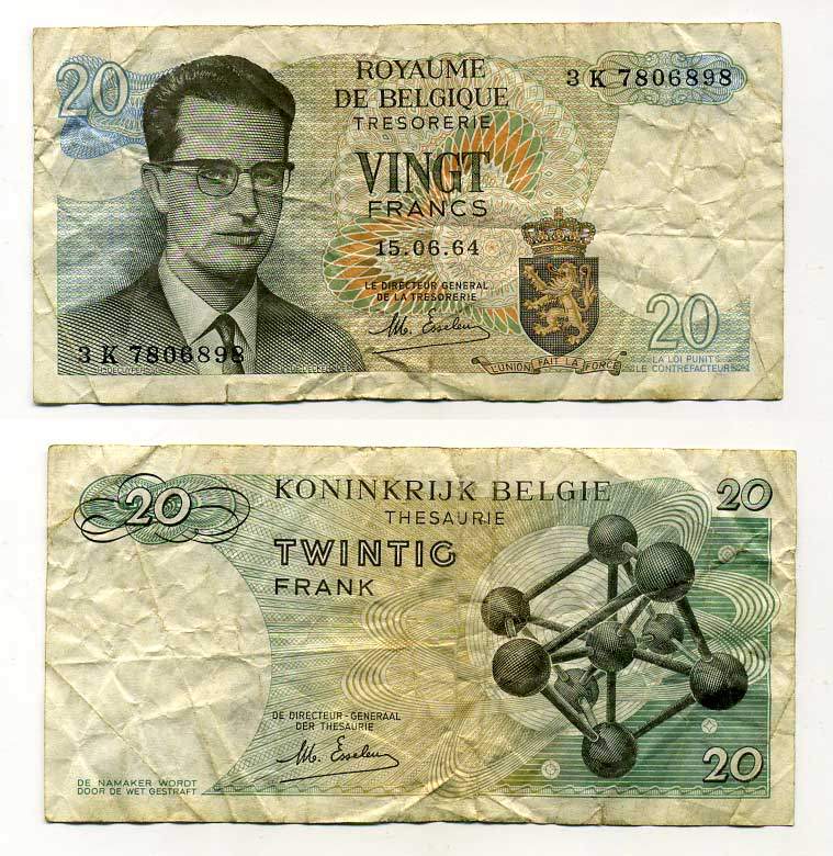 Бельгия 20 франков 1964 Бодуэн I, атомиум, Esselens Pick 138 (2) бумага 6289-15-4-2