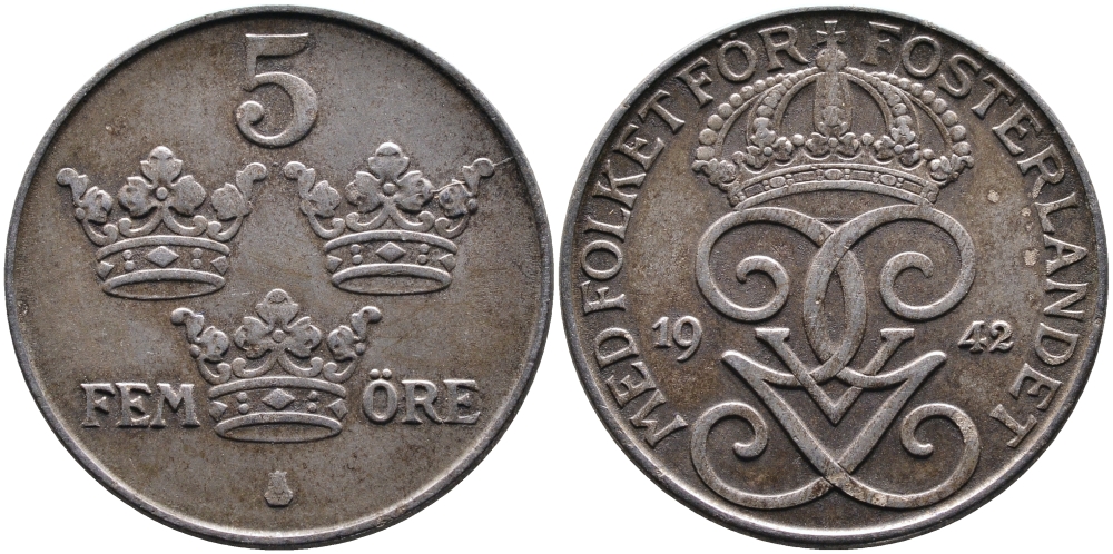 Швеция 5 эре 1942 Густав V (1907-1950), военный выпуск KM 812 железо 4389-125