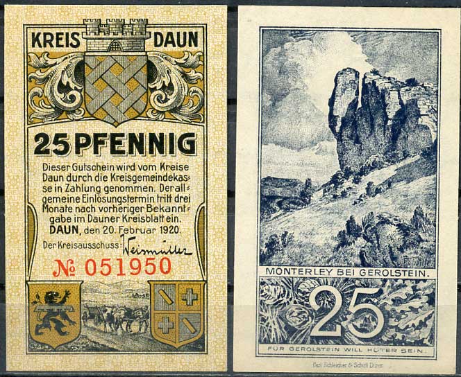 Германия, Даун 25 пфеннигов 1920 нотгельд, 20.02.1920, с № Tieste 1310/01 бумага UNC (пресс) 8614-46-4-1