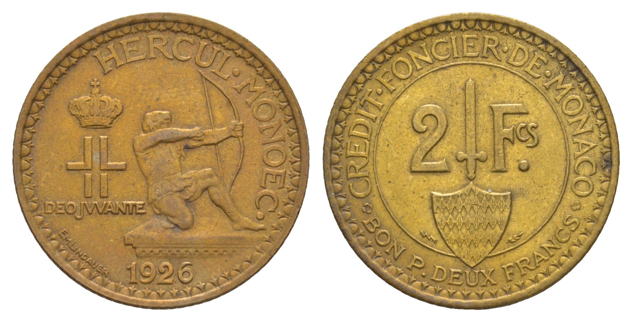 Монако 2 франка 1926 год-тип KM 115 алюминиевая бронза 5010-922