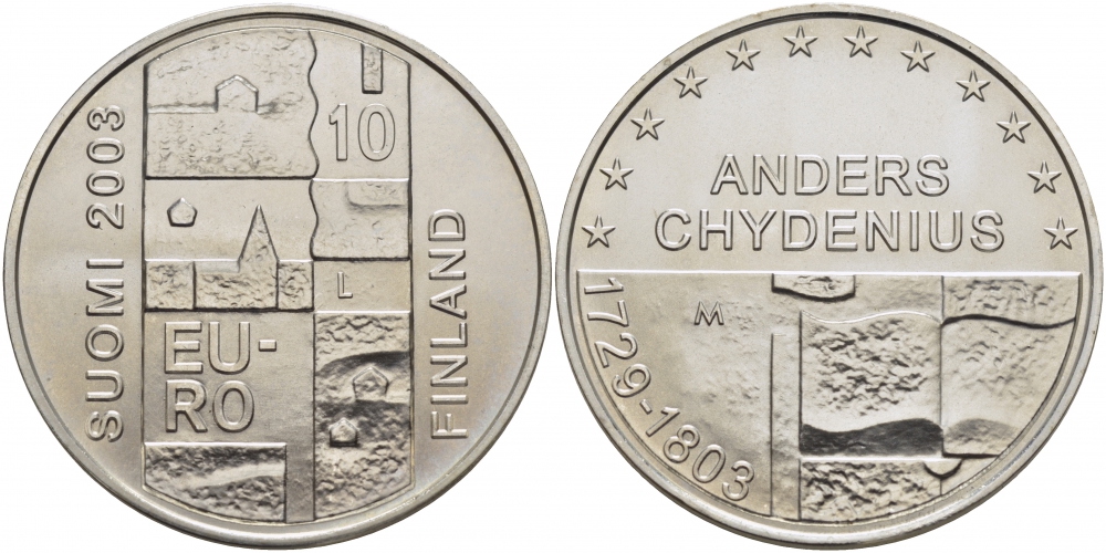 Финляндия 10 евро 2003 200 лет со дня смерти Андерса Чудениуса KM 110 серебро UNC 11-149-11