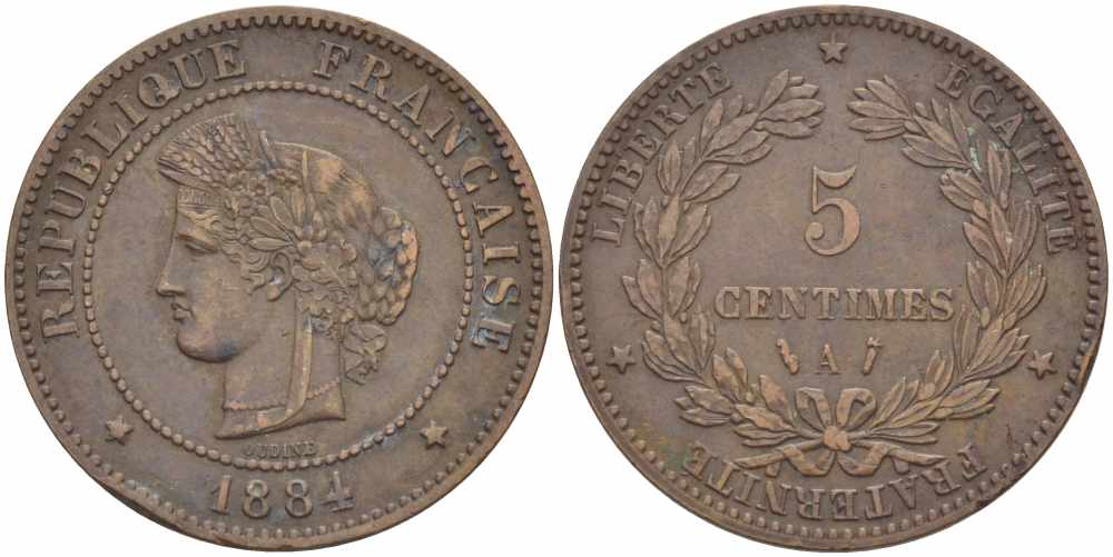 ФРАНЦИЯ 5 САНТИМОВ 1884 A, ТРЕТЬЯ РЕСПУБЛИКА (1871-1940) KM 821.1, LE FRANC 118.27 бронза 108-727