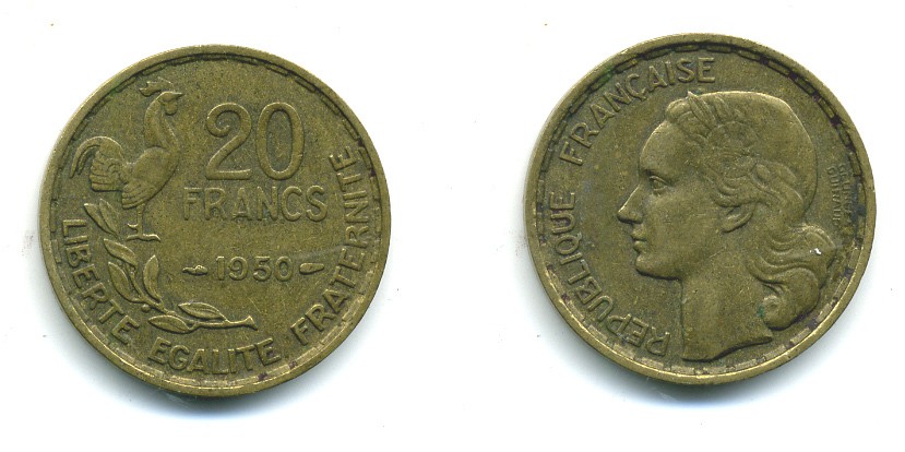 ФРАНЦИЯ 20 ФРАНКОВ 1950 ПОЛНАЯ ПОДПИСЬ, 3 ПЕРА KM 916.1 алюминиевая бронза 84-815