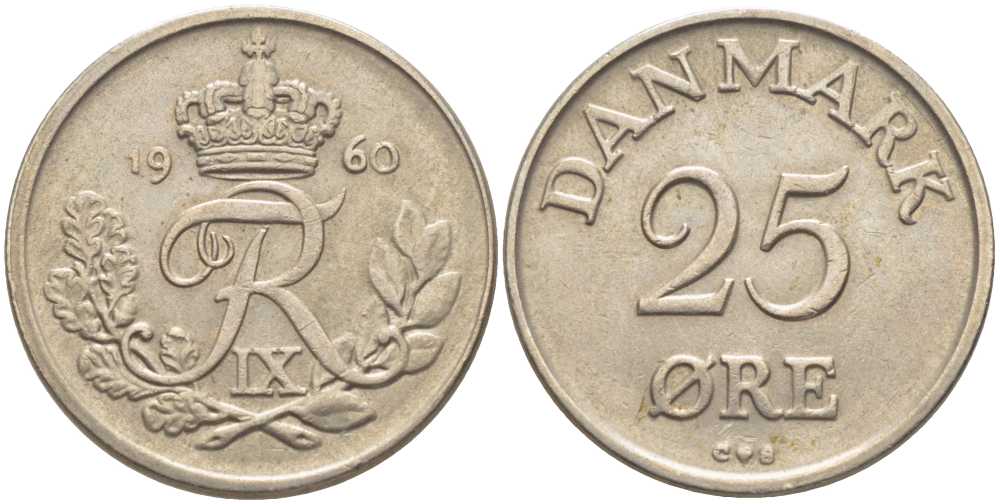 ДАНИЯ 25 ЭРЕ 1960 С;S, ФРЕДЕРИК IX (1947-1972) KM 842.2 медно-никель 202-725