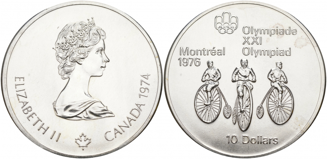 Канада 10 долларов 1974 XXI летние Олимпийские игры в Монреале 1976 года, велоспорт KM 95 серебро UNC 01-172-14