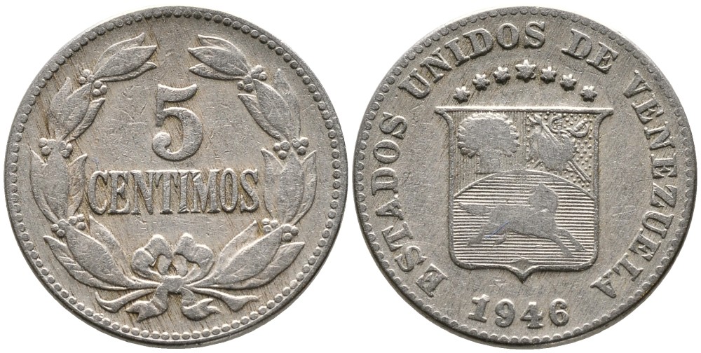Венесуэла 5 сентимо 1946 KM 29a медно-никель 4532-258