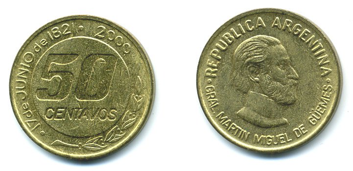 Аргентина 50 сентавос 2000 генерал Мартин Мигель де Гуэмес KM 129 алюминевая бронза UNC 36-333